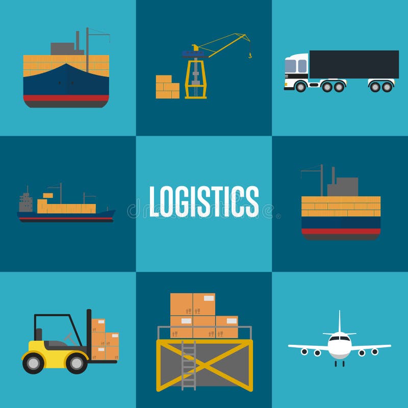 Logistics and freight transportation icons vector illustration. Cargo jet airplane, freight crane, forklift truck, warehouse terminal, commercial truck, packing boxes, freight vessel icons. Logistics and freight transportation icons vector illustration. Cargo jet airplane, freight crane, forklift truck, warehouse terminal, commercial truck, packing boxes, freight vessel icons.