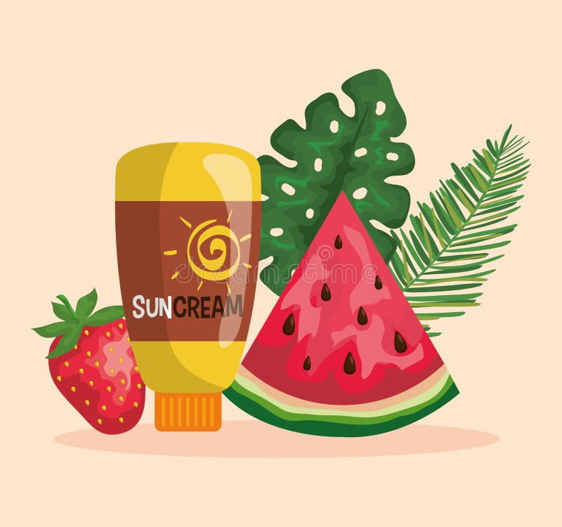 watermelon and strawberry fruits with suncream and leaves to summer time vector illustration. watermelon and strawberry fruits with suncream and leaves to summer time vector illustration