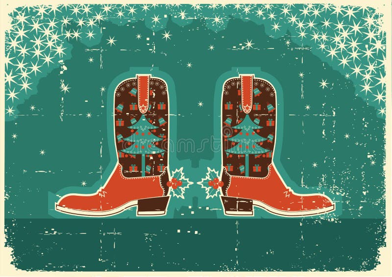 Cowboy christmas card with boots and holiday decoration on old paper texture. Cowboy christmas card with boots and holiday decoration on old paper texture