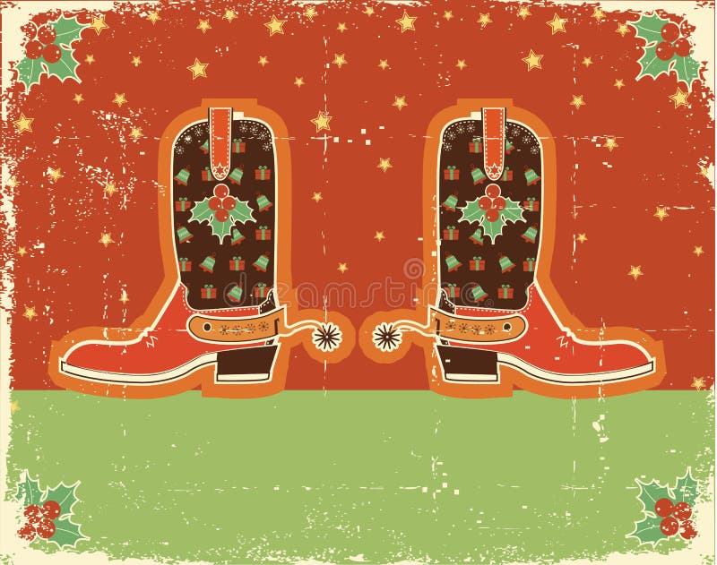 Cowboy red christmas card with boots and holiday decoration obn old paper texture. Cowboy red christmas card with boots and holiday decoration obn old paper texture