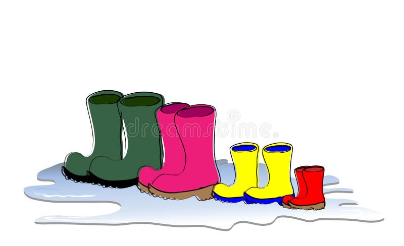 A row of Welligton boots drying. Family sizes, father, mother, child and baby. Also available in vector format. A row of Welligton boots drying. Family sizes, father, mother, child and baby. Also available in vector format.