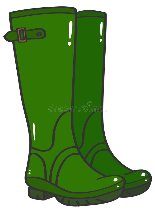 Pair of green rubber wellington boots with buckle vector illustration. Pair of green rubber wellington boots with buckle vector illustration