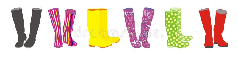 Illustration of assorted styles and colours of funky wellington boots. Illustration of assorted styles and colours of funky wellington boots