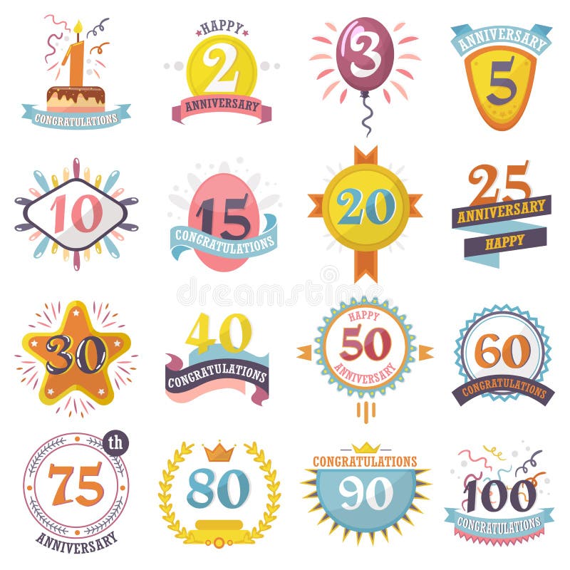 周年徽章设置了与丝带的传染媒介生日数字象征假日欢乐庆祝诞生年龄信件 库存例证