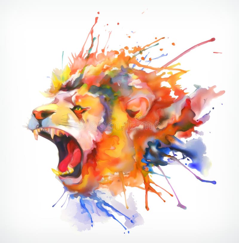 Watercolor painting. Roaring lion, vector illustration, on a white background. Watercolor painting. Roaring lion, vector illustration, on a white background