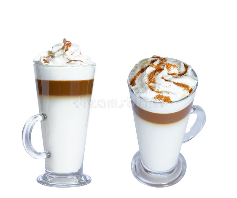 咖啡拿铁macchiato,打好的奶油,桂香,玻璃杯子 照片 孤立 免版税图库摄影 咖啡拿铁macchiato,打好的奶油,桂香,玻璃杯子 照片 孤立 免版税图库摄影