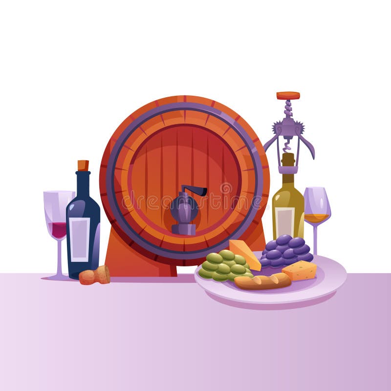 品酒. 酒瓶和酒桶的酒精饮料组合物. 矢量动画背景 向量例证