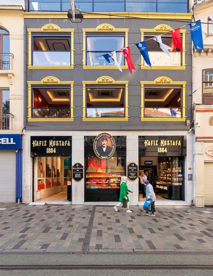 Istanbul, Turkey - September 2, 2022: Hafiz Moustafa, an old traditional Turkish Delight shop, in Istiklal Street, near Taksim Square. Istanbul, Turkey - September 2, 2022: Hafiz Moustafa, an old traditional Turkish Delight shop, in Istiklal Street, near Taksim Square