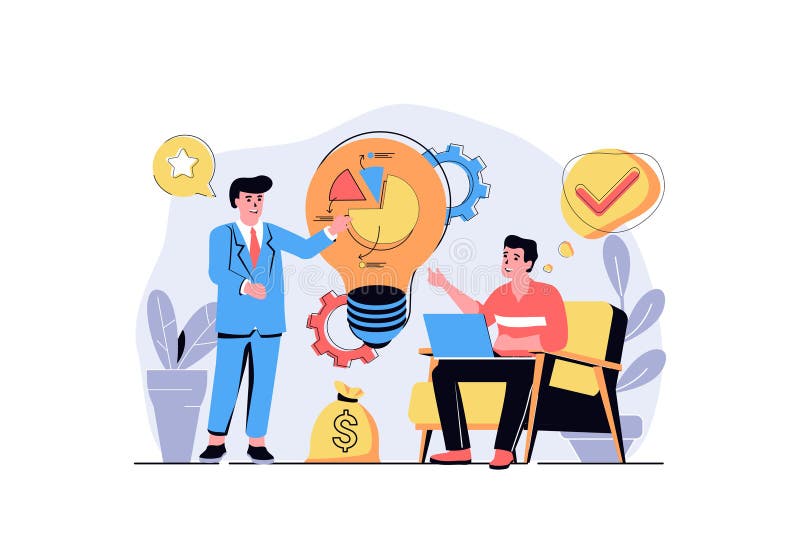 商业思想网络概念与卡通人设计. 分析金融数据的人 向量例证
