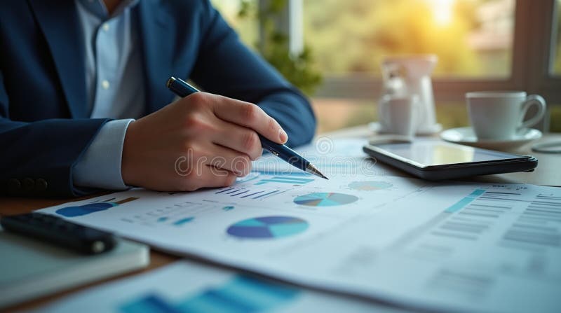 商人分析投资增长目标的财务数据 皇族释放例证