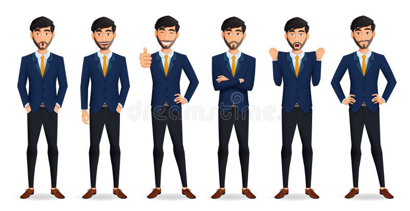 商家老板字符矢量集. 男商人站立,表情严肃、愤怒、思维严肃. 库存例证