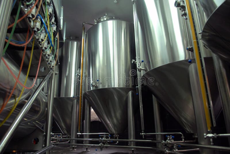 Steel tanks for beer manufacture in brewery. Steel tanks for beer manufacture in brewery