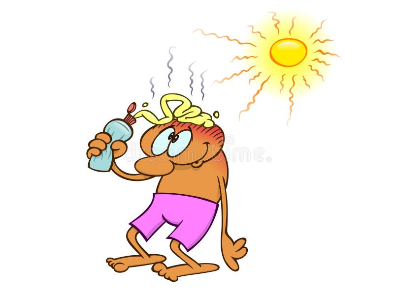 A toon man squirting sunblock on top of his bald head and standing under the blazing sun. A toon man squirting sunblock on top of his bald head and standing under the blazing sun