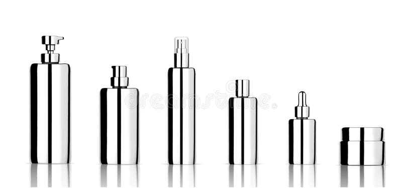 嘲笑现实金属化妆肥皂、香波、奶油、油吸管和为与盖帽的Skincare产品设置的浪花瓶在白色 皇族释放例证 嘲笑现实金属化妆肥皂、香波、奶油、油吸管和为与盖帽的Skincare产品设置的浪花瓶在白色 皇族释放例证