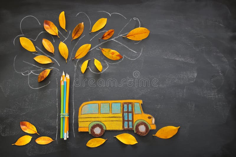 回到概念学校 校车的顶视图在树剪影旁边的图象和铅笔与秋天烘干在教室blackbo的叶子 免版税库存图片 回到概念学校 校车的顶视图在树剪影旁边的图象和铅笔与秋天烘干在教室blackbo的叶子 免版税库存图片