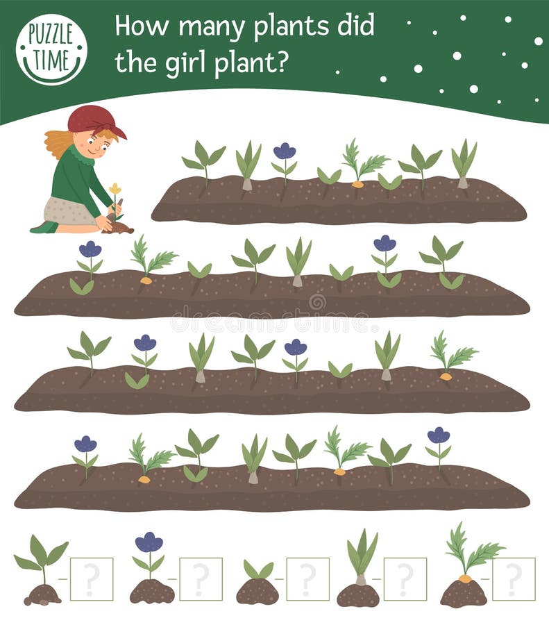 园中可爱种植女童的春游数学计数游戏 可爱的笑笑人 查找 皇族释放例证