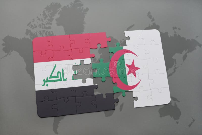 困惑与伊拉克和阿尔及利亚的国旗世界地图背景的