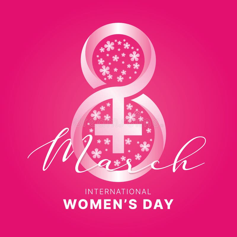 国际妇女日女性符号和数字八混合符号以及粉红色背景矢量图设计周围的行进文字花