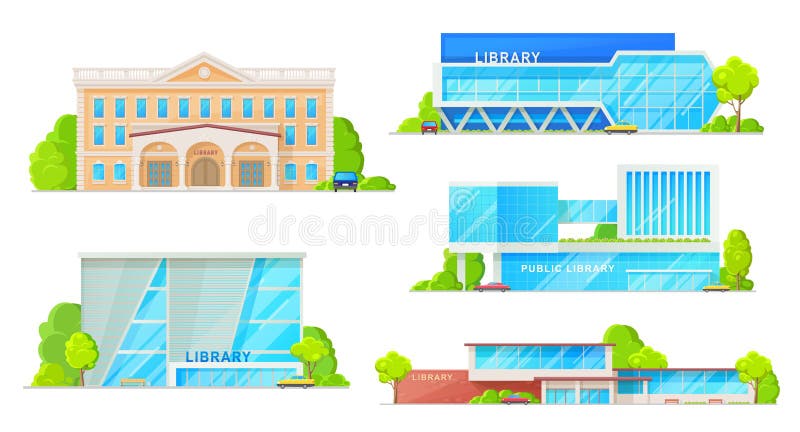 Public library buildings isolated establishments. Vector facades of modern and retro library houses architecture, museum of books storage. Exterior design with columns, entrance door and parking zone. Public library buildings isolated establishments. Vector facades of modern and retro library houses architecture, museum of books storage. Exterior design with columns, entrance door and parking zone