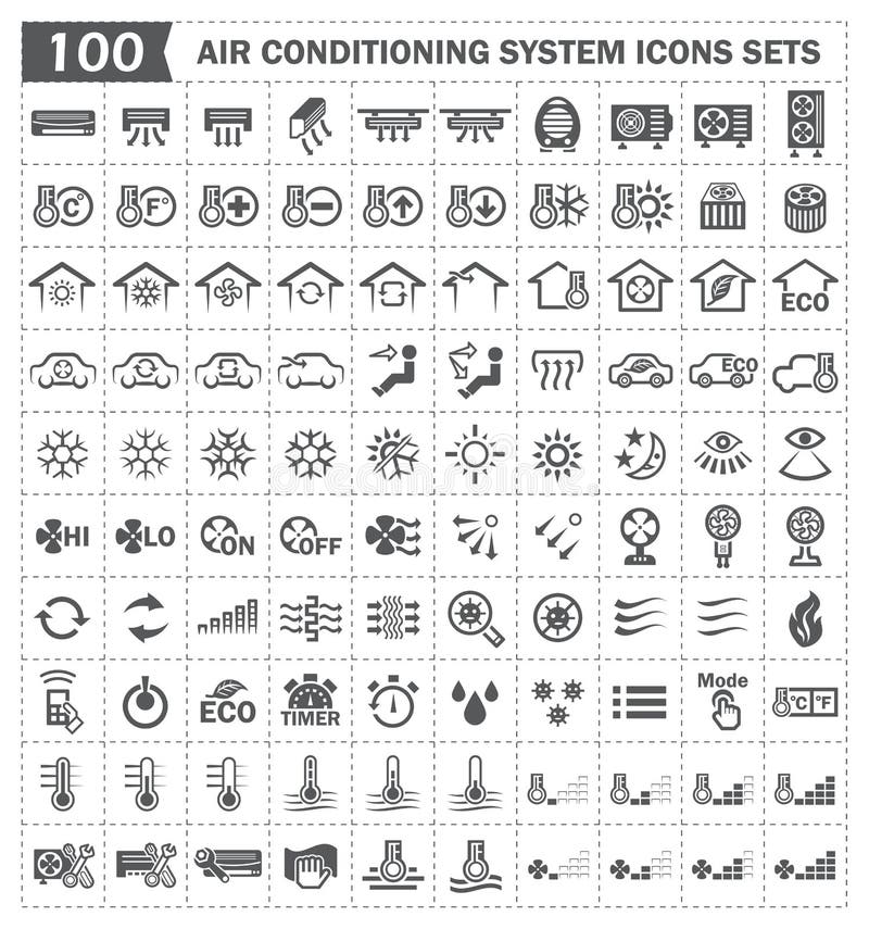 100 air conditioning icons on white background. 100 air conditioning icons on white background.