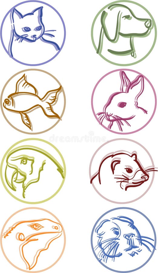 Outline drawing, set of 8 most commons pets. Outline drawing, set of 8 most commons pets