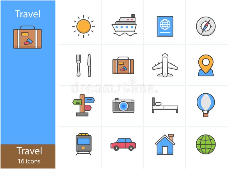 图标设置旅行图标彩色图标设置矢量和插图. 图形矢量插图图标. 可供网站使用社交媒体演示应用程序信息图形和插图.