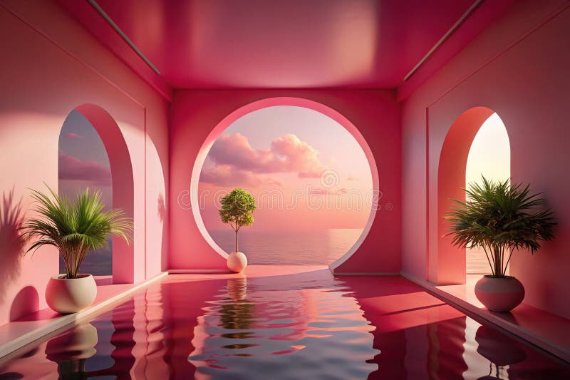圆形拱门以太坊的粉红房间展示地平线的美景 — 梦幻般的现代室内设计图解 库存例证
