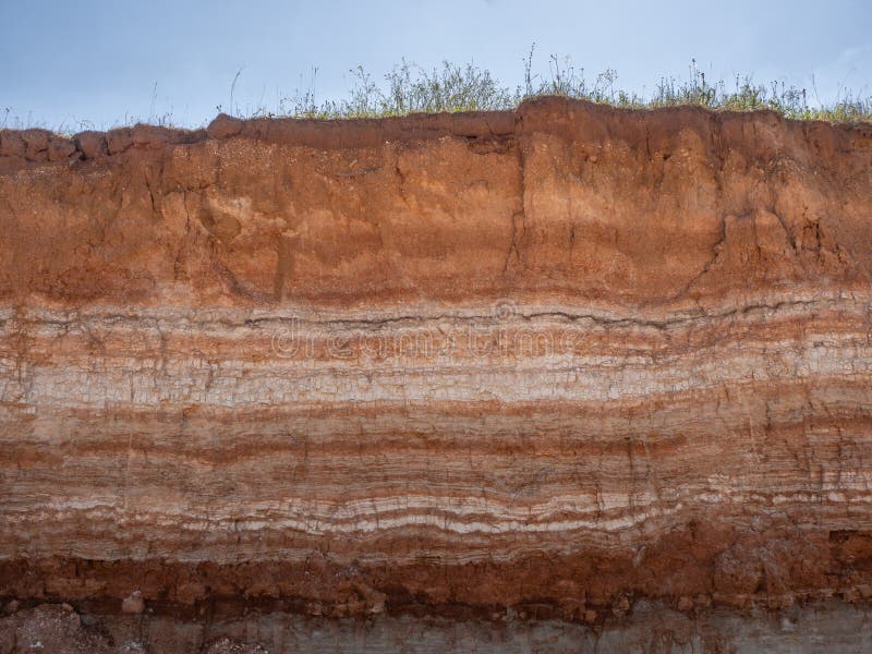 Natural cut of soil with different layaers, grass and blue sky. Natural cut of soil with different layaers, grass and blue sky