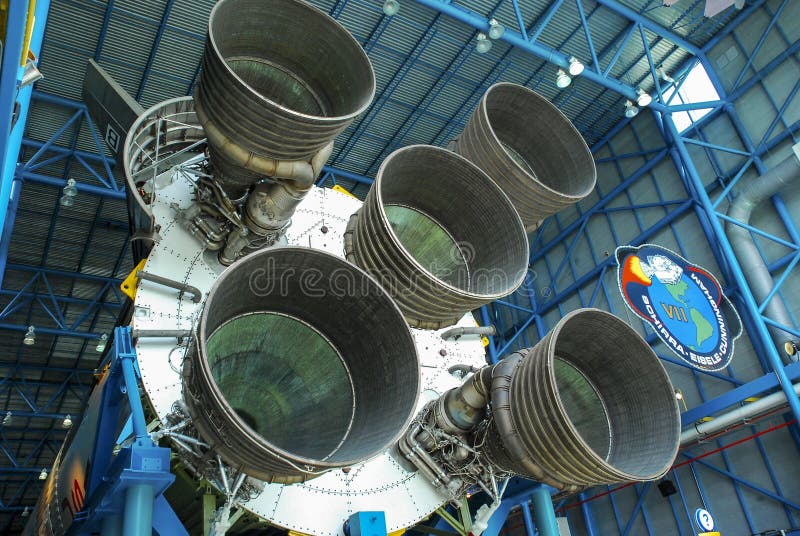 Stage 1 rocket engines of the Saturn V lunar rocket at the Kennedy Space Center Visitor Complex, Cape Canaveral, Florida. Stage 1 rocket engines of the Saturn V lunar rocket at the Kennedy Space Center Visitor Complex, Cape Canaveral, Florida.