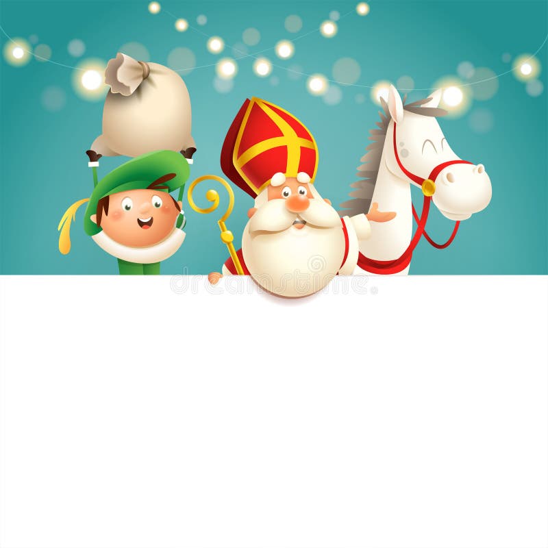 圣尼古拉斯或Sinterklaas马和帮手在-愉快的逗人喜爱的字符庆祝荷兰假日-传染媒介例证上在t 向量例证 圣尼古拉斯或Sinterklaas马和帮手在-愉快的逗人喜爱的字符庆祝荷兰假日-传染媒介例证上在t 向量例证