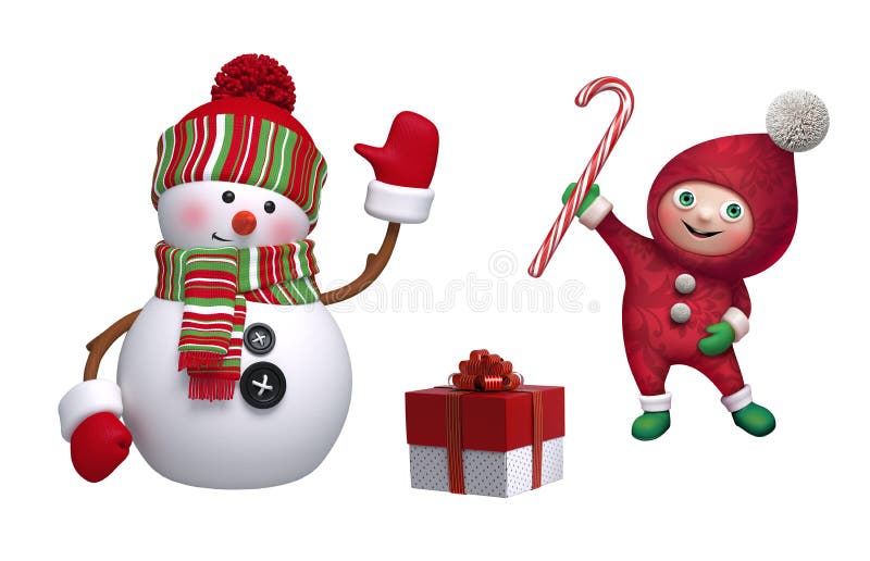 Christmas clip art collection. 3d render of cute snowman, funny elf, wrapped gift box, candy cane, isolated on white background. Seasonal ornaments, decor elements. Festive icon set. Christmas clip art collection. 3d render of cute snowman, funny elf, wrapped gift box, candy cane, isolated on white background. Seasonal ornaments, decor elements. Festive icon set