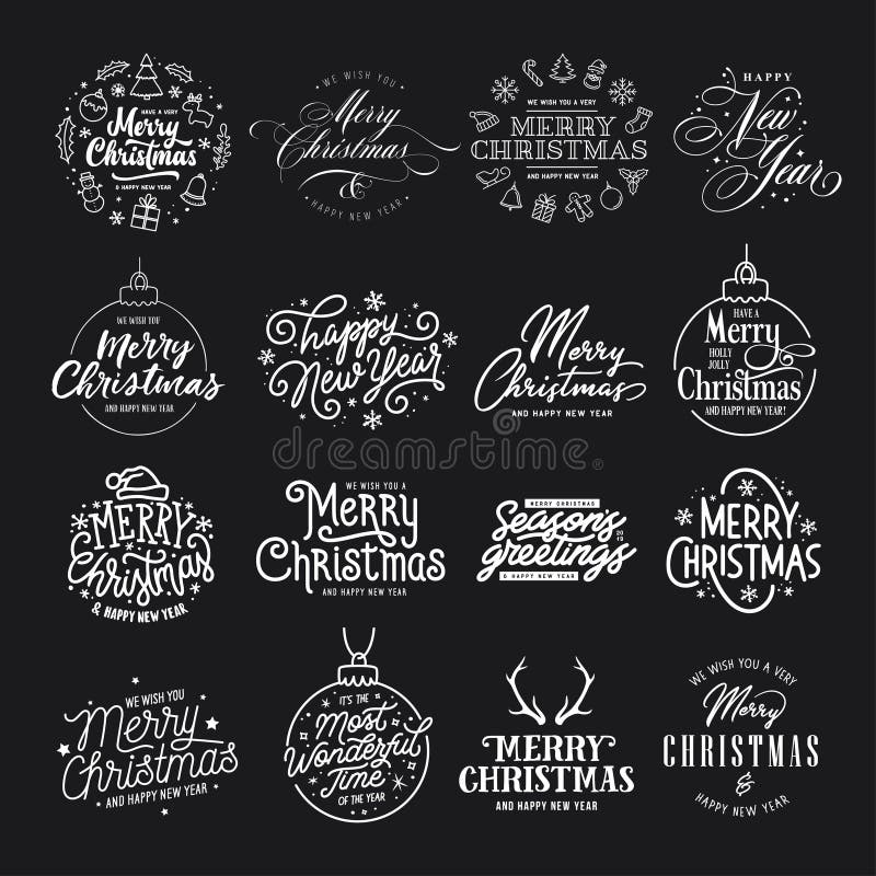 Merry Christmas and Happy New Year typography collection. Holiday related lettering templates for greeting cards, overlays. The most wonderful time. Season greetings. Vector vintage illustration. Merry Christmas and Happy New Year typography collection. Holiday related lettering templates for greeting cards, overlays. The most wonderful time. Season greetings. Vector vintage illustration.