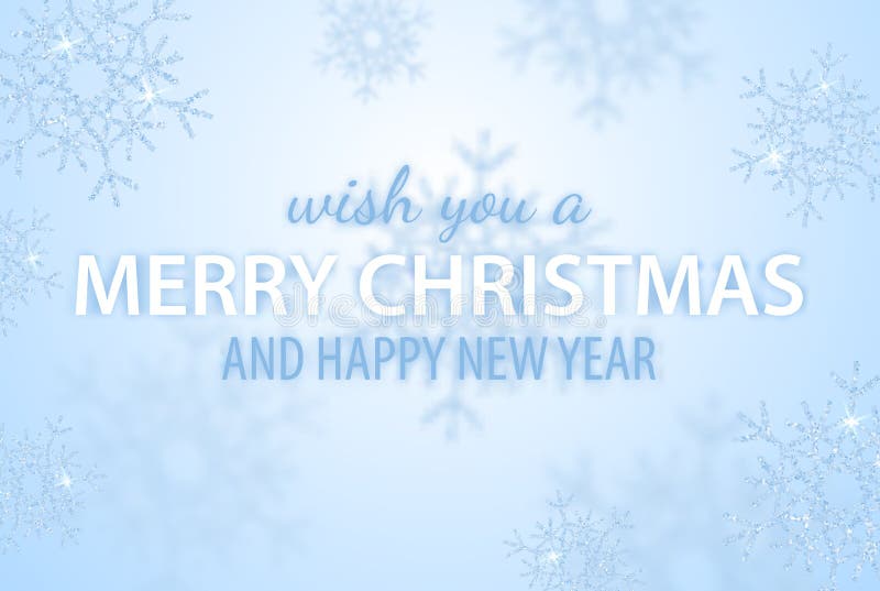 Merry Christmas and Happy New Year greeting vector illustration with glitters, sparkles and glowing snowflakes for holiday poster, placard, banner, flyer and brochure. Blue winter frosty background. Merry Christmas and Happy New Year greeting vector illustration with glitters, sparkles and glowing snowflakes for holiday poster, placard, banner, flyer and brochure. Blue winter frosty background