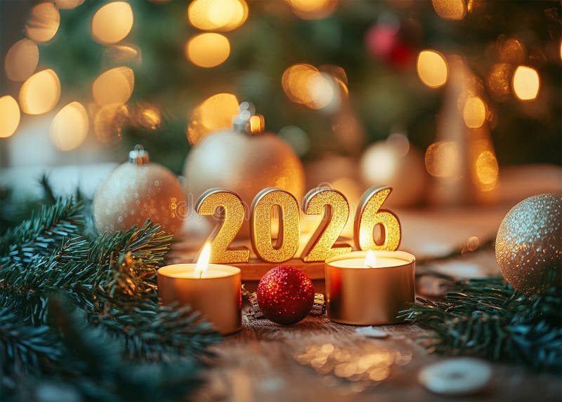 圣诞快乐，2026年新年快乐，金球烛光和节日的火花 库存例证