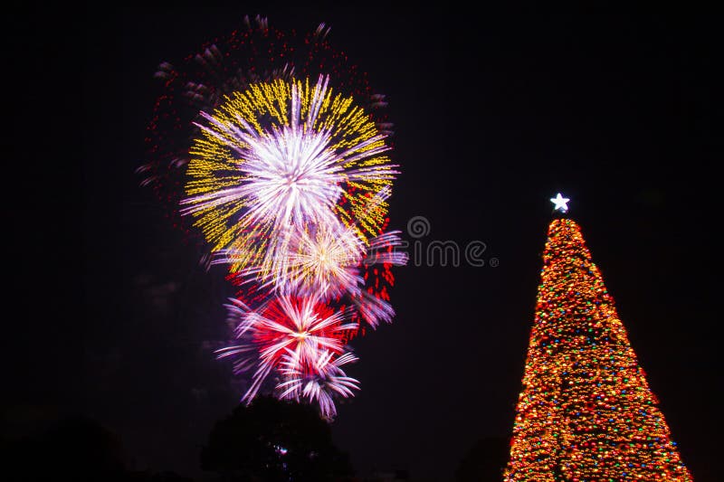 People gathered to celebrate christams and new year watching fireworks and huge Christmas tree decoration on Christmas Eve. Nagoya port, Aichi, Japan. People gathered to celebrate christams and new year watching fireworks and huge Christmas tree decoration on Christmas Eve. Nagoya port, Aichi, Japan.