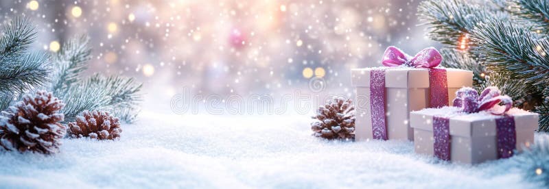 圣诞树上的冬季假日烛光，带降雪礼盒，供圣诞节快乐之乐 库存例证