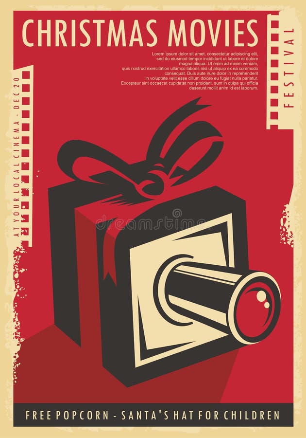 Christmas movies festival retro poster design with Christmas gift, film strips  and movie camera. Vintage vector illustration for cinema holiday event on red background and old paper texture. Christmas movies festival retro poster design with Christmas gift, film strips  and movie camera. Vintage vector illustration for cinema holiday event on red background and old paper texture.