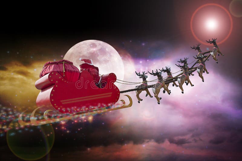 Santa Claus riding a sleigh led by reindeers following the star. Santa Claus riding a sleigh led by reindeers following the star