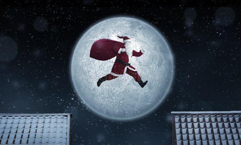 Santa Claus jumping between rooftops at night with bag full of gifts. Santa Claus jumping between rooftops at night with bag full of gifts