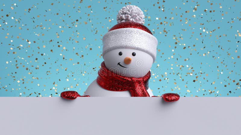 Christmas background. 3d snowman holding white board. Winter holiday blank banner template. Happy New Year greeting card mockup. Funny festive character. Christmas background. 3d snowman holding white board. Winter holiday blank banner template. Happy New Year greeting card mockup. Funny festive character