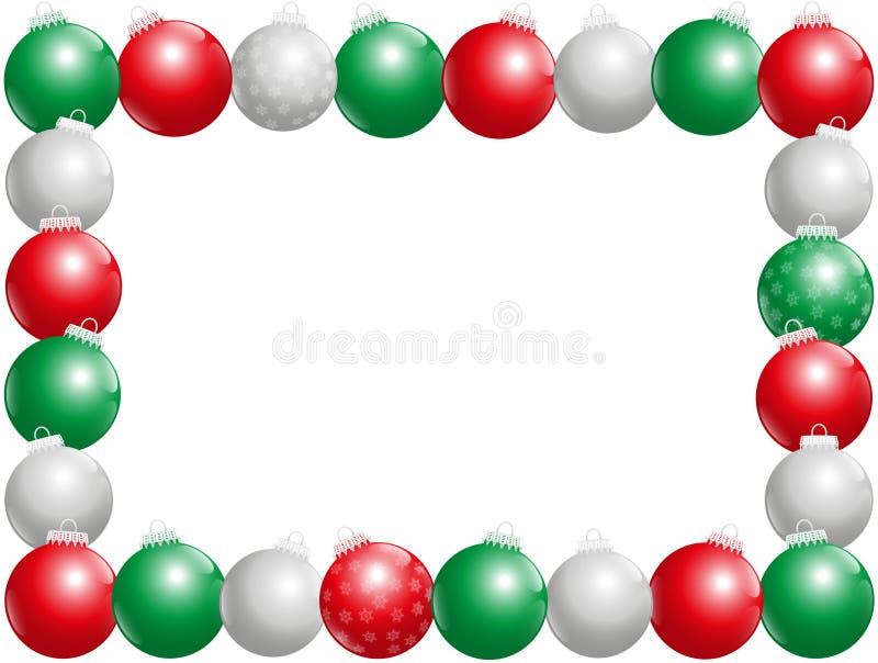 Twenty-four shiny christmas tree balls, some with snow flake ornament, that form a frame - horizontal landscape format. Isolated illustration on white background. Twenty-four shiny christmas tree balls, some with snow flake ornament, that form a frame - horizontal landscape format. Isolated illustration on white background.