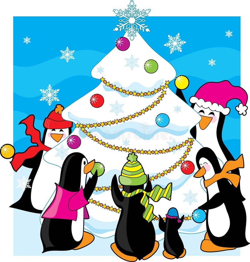 A family of penguins decorating a snow and ice tree. A family of penguins decorating a snow and ice tree