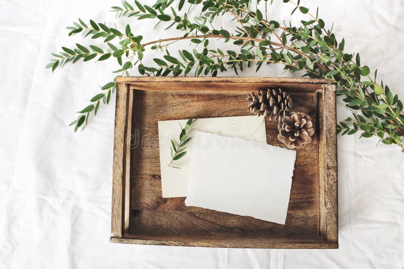 Christmas or winter wedding mock-up scene. Blank cotton paper greeting cards, old wooden tray, pine cones and green Eucalyptus parvifolia branch, white bed linen background. Flat lay, top view. Christmas or winter wedding mock-up scene. Blank cotton paper greeting cards, old wooden tray, pine cones and green Eucalyptus parvifolia branch, white bed linen background. Flat lay, top view.