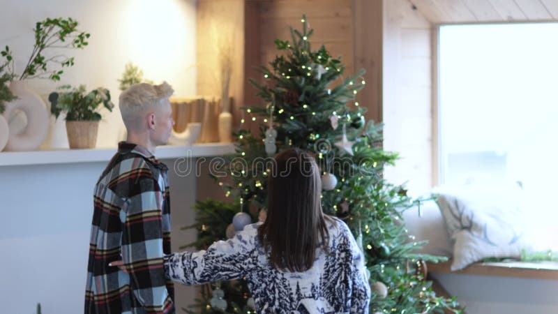 圣诞节时装饰圣诞树的可爱年轻夫妇. 白人女友