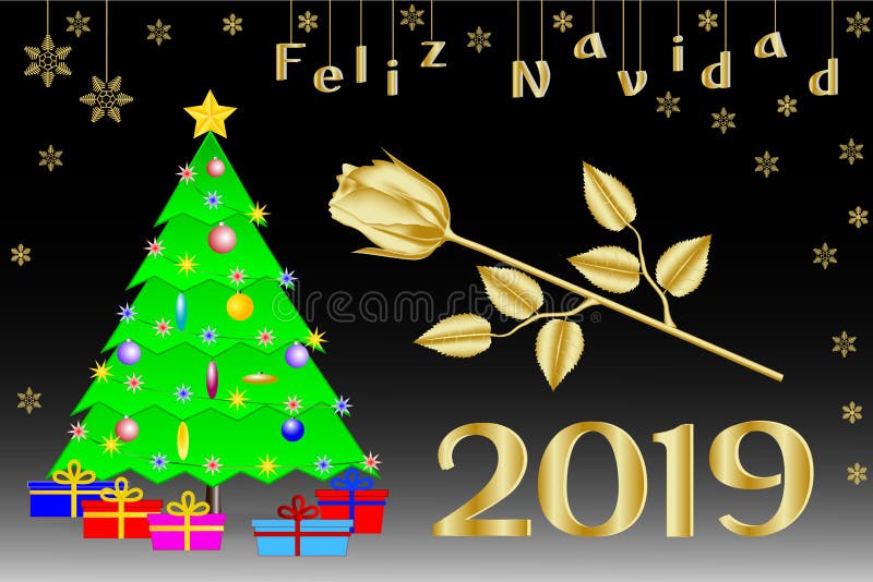 圣诞节的祝贺2019年用西班牙语 与一个金黄五针对性的星、礼物和一朵金黄玫瑰的圣诞树 向量例证 圣诞节的祝贺2019年用西班牙语 与一个金黄五针对性的星、礼物和一朵金黄玫瑰的圣诞树 向量例证