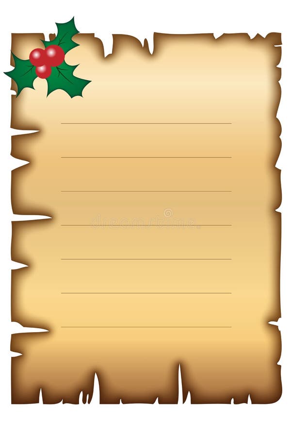 Illustration of a blank old paper for Christmas with burned edges and a holly on a corner. Isolated on white background. EPS file available. Illustration of a blank old paper for Christmas with burned edges and a holly on a corner. Isolated on white background. EPS file available