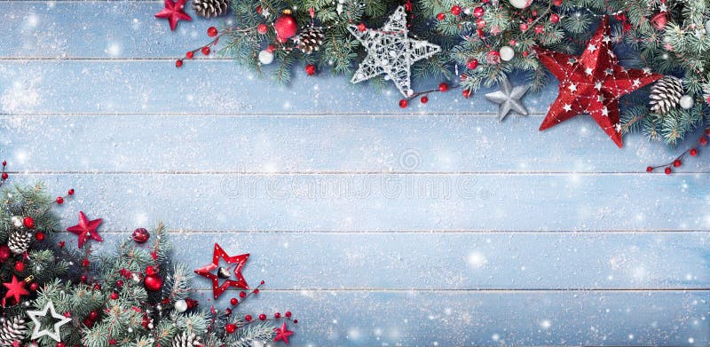 Christmas Background - Fir Branches And Baubles On Snowy Plank. Christmas Background - Fir Branches And Baubles On Snowy Plank