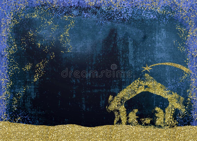 Christmas Nativity Scene greetings cards, abstract freehand drawing of Nativity scene with golden glitter, grunge background with blank. Christmas Nativity Scene greetings cards, abstract freehand drawing of Nativity scene with golden glitter, grunge background with blank.