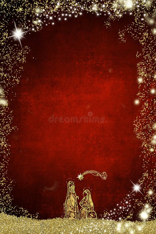 Abstract Christmas Nativity Scene, Holy Family greetings cards. Abstract freehand drawing of Holy Family with golden glitter on red paper background with copy space for message, vertical image. Abstract Christmas Nativity Scene, Holy Family greetings cards. Abstract freehand drawing of Holy Family with golden glitter on red paper background with copy space for message, vertical image