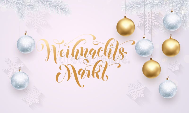 German Christmas Sale text Weihnachtsmarkt white poster. Gold glitter Weihnachten Christmas tree branches, golden glittering balls ornaments on background. Shop banner, placard lettering discount. German Christmas Sale text Weihnachtsmarkt white poster. Gold glitter Weihnachten Christmas tree branches, golden glittering balls ornaments on background. Shop banner, placard lettering discount